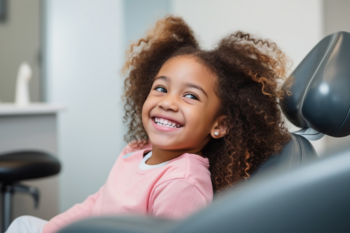 smiling kid in dentist chair